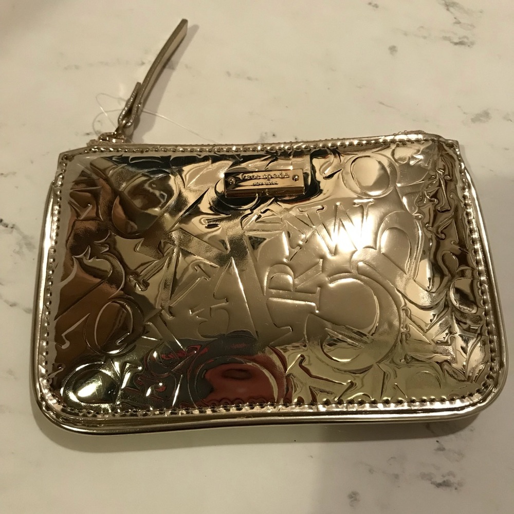 New Kate Spade Gold Embossed Coin Purse Key Fob
